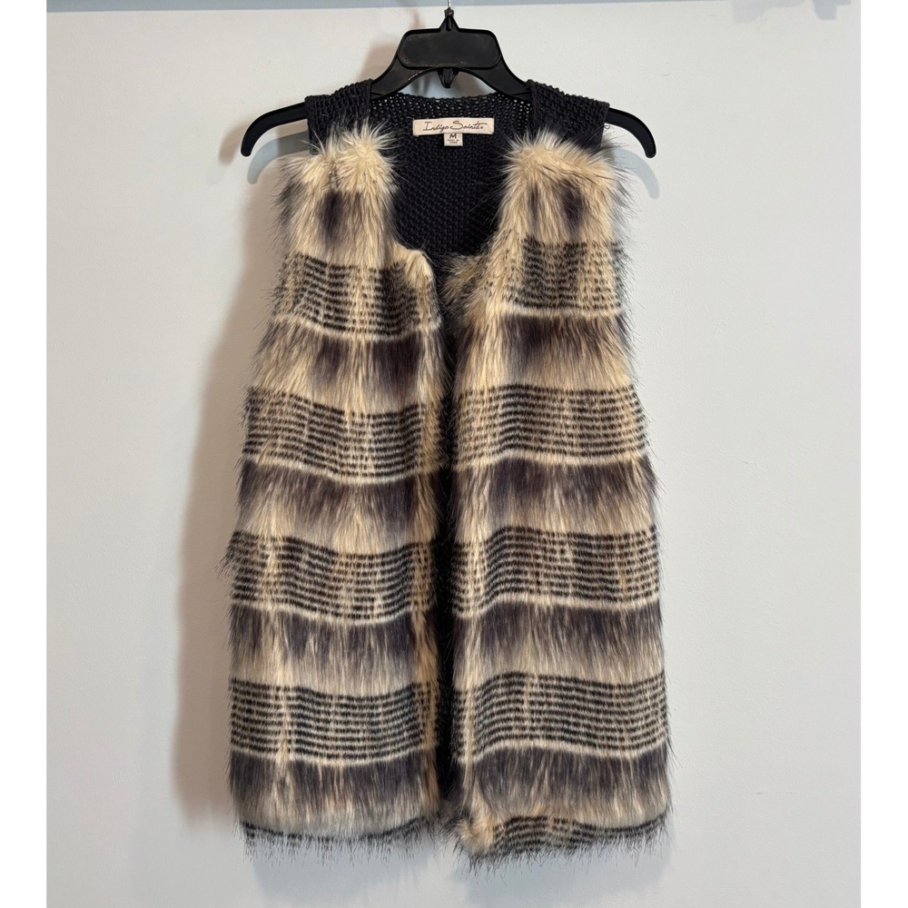 Indigo Saints Women Vest Medium Faux Fur Striped Boho Whimsigoth Knit Boho 21567
